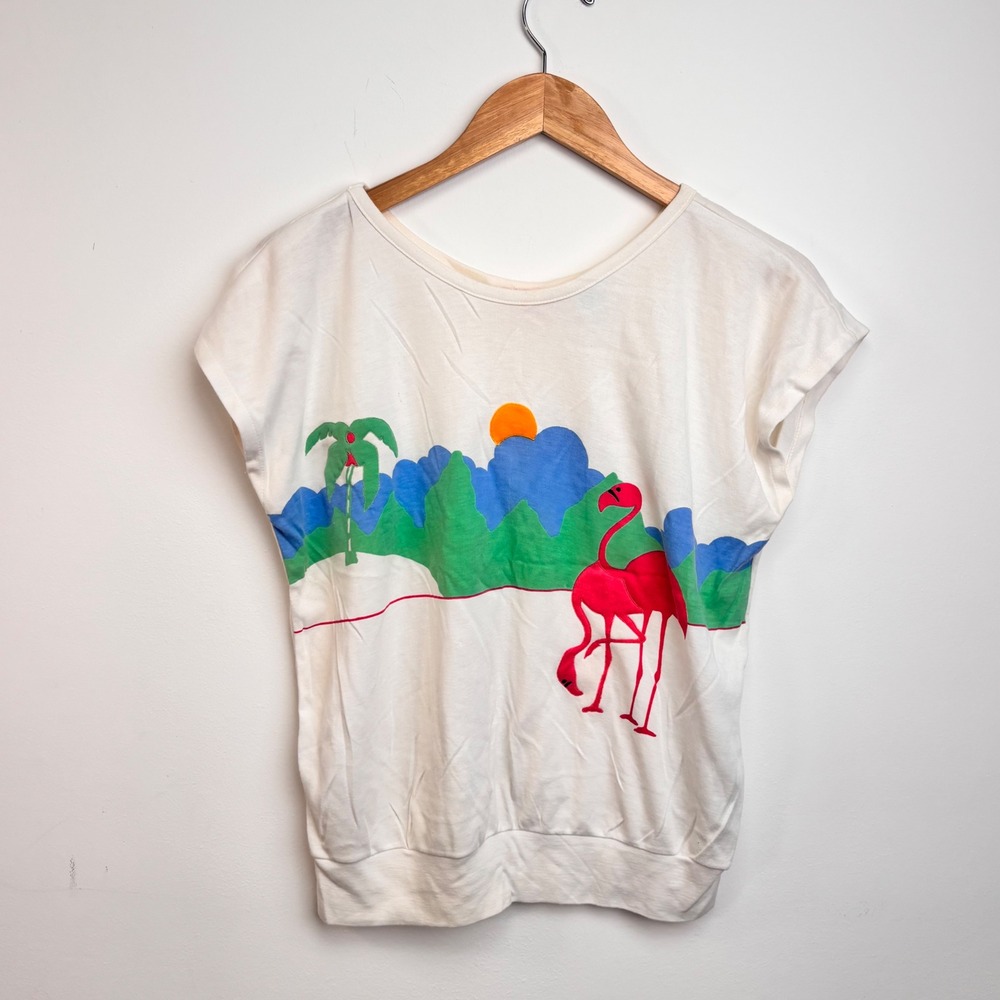Vintage 80s Les Originals Flamingo Tropical Graphic Large Korea Retro Beach